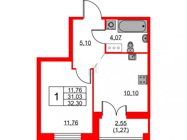 Однокомнатная квартира 32.3 м²