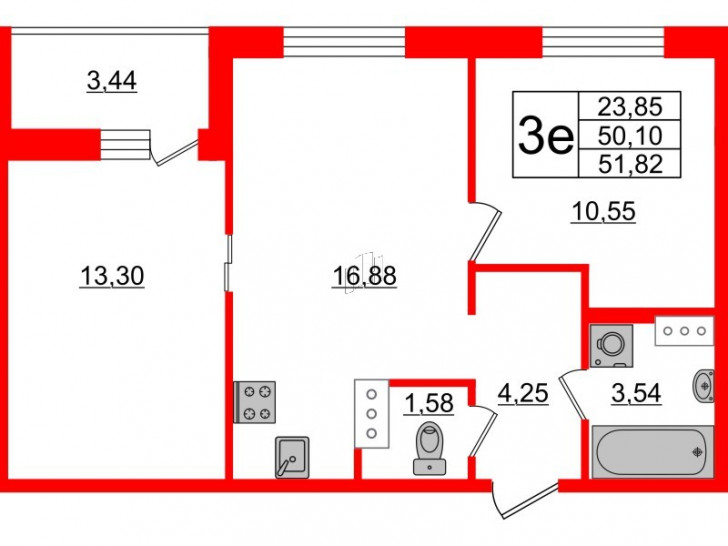 Двухкомнатная квартира 51.82 м²