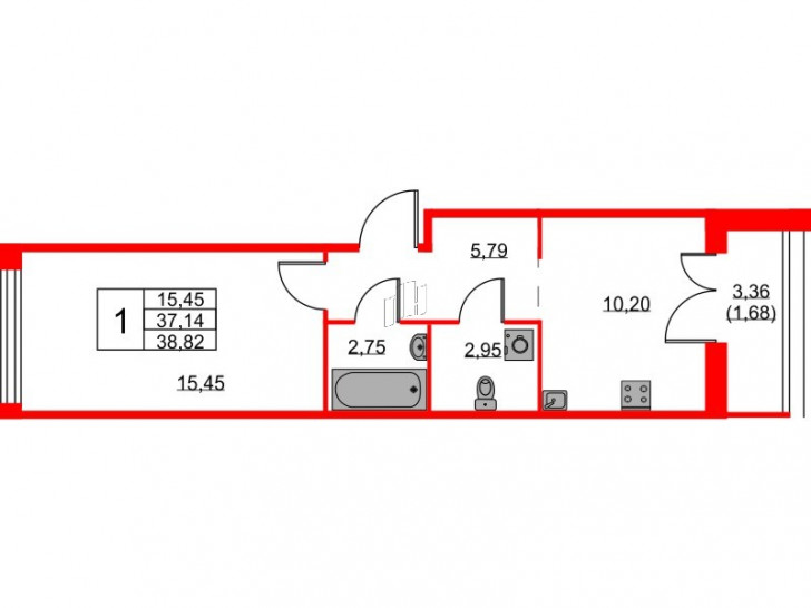 Однокомнатная квартира 38.82 м²