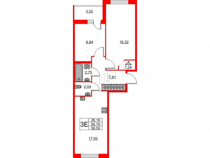Двухкомнатная квартира 58.55 м²