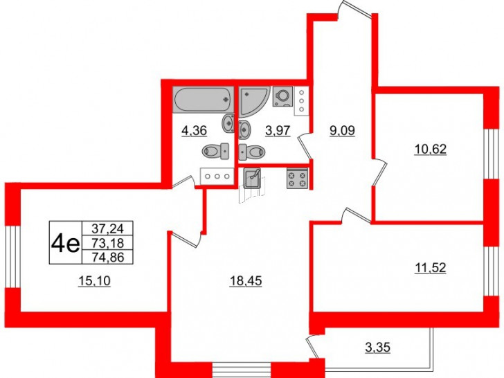 Трёхкомнатная квартира 74.86 м²