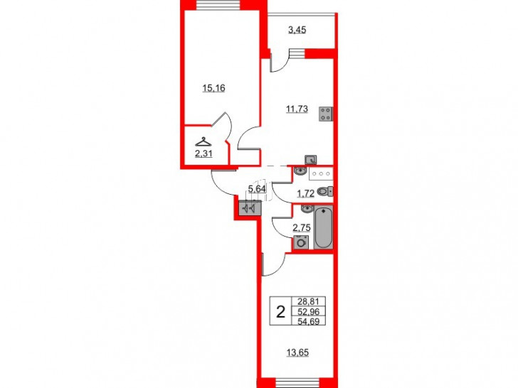 Двухкомнатная квартира 54.69 м²