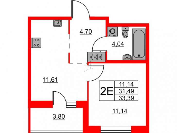 Однокомнатная квартира 33.39 м²