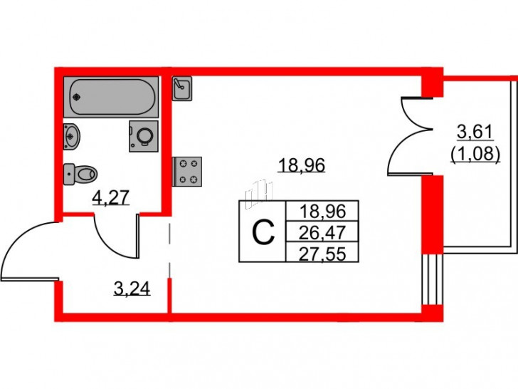 Студия 27.55 м²