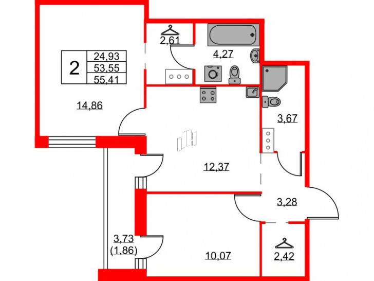 Двухкомнатная квартира 55.41 м²