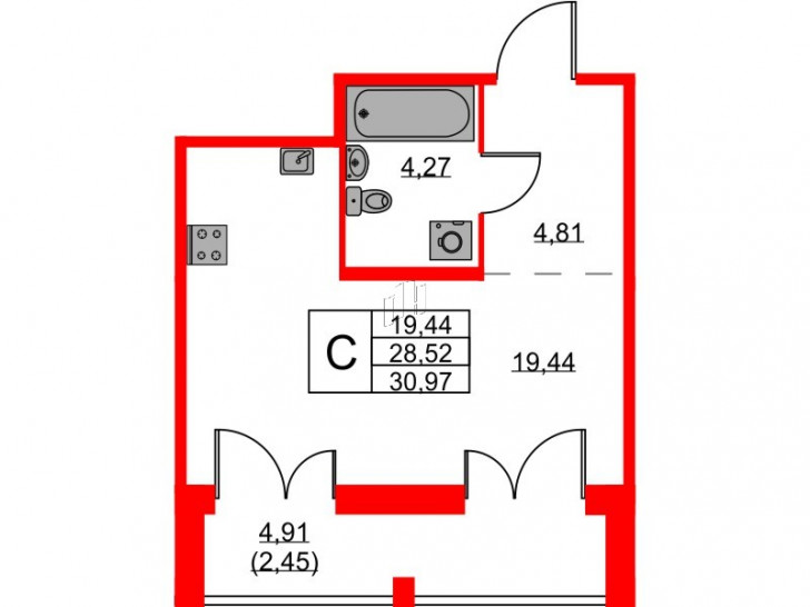 Студия 30.97 м²