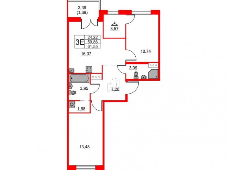 Двухкомнатная квартира 61.55 м²