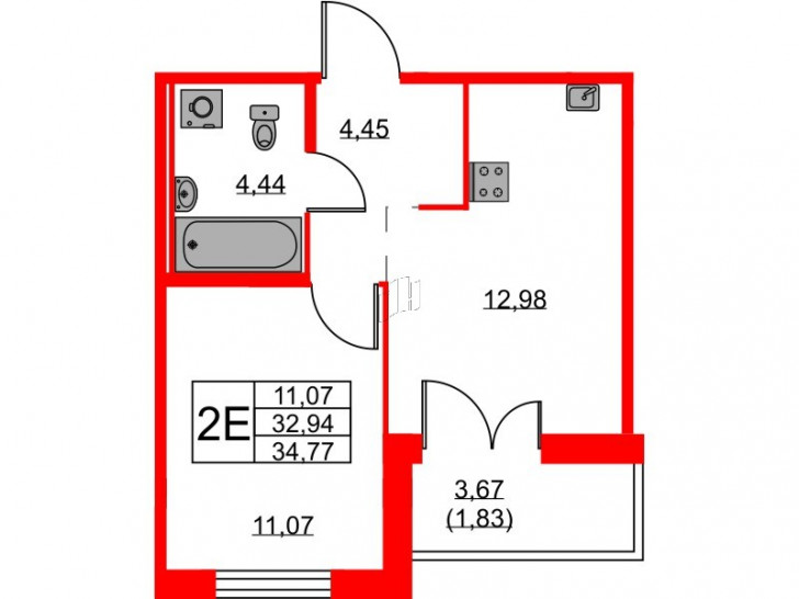 Однокомнатная квартира 34.77 м²
