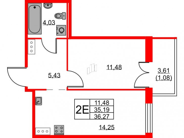 Однокомнатная квартира 36.27 м²