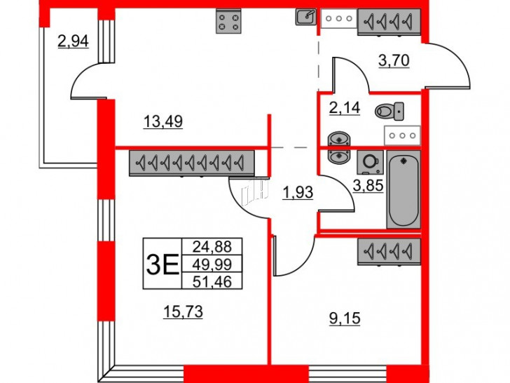 Двухкомнатная квартира 51.46 м²