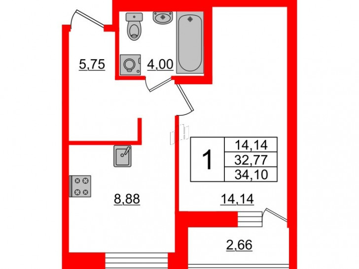 Однокомнатная квартира 34.1 м²