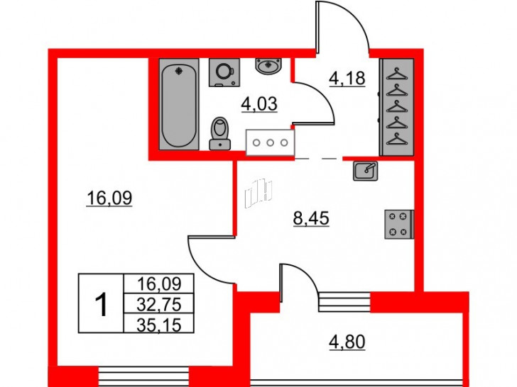 Однокомнатная квартира 35.15 м²