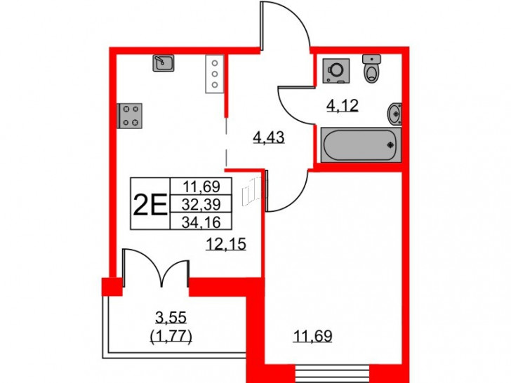 Однокомнатная квартира 34.16 м²