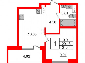 Однокомнатная квартира 31.44 м²