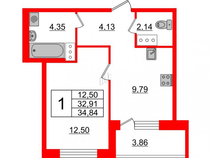 Однокомнатная квартира 34.84 м²