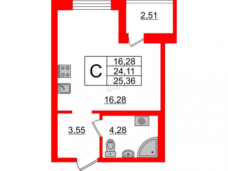 Студия 25.36 м²
