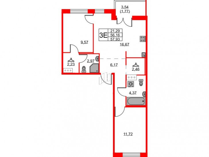Двухкомнатная квартира 57.93 м²