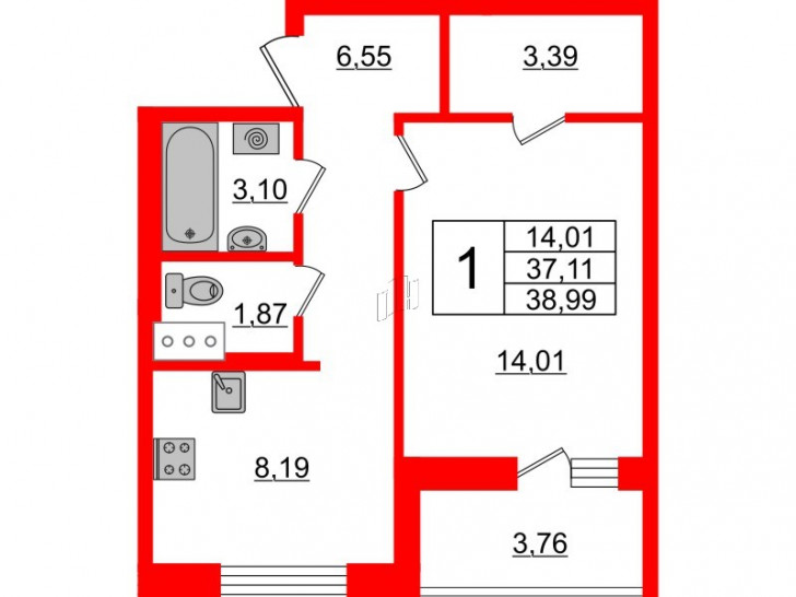 Однокомнатная квартира 38.99 м²