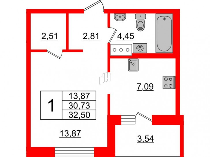 Однокомнатная квартира 32.5 м²