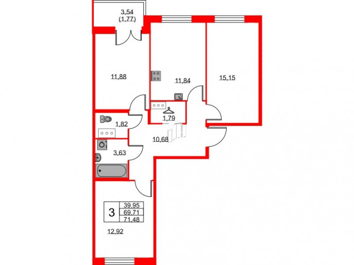 Трёхкомнатная квартира 71.48 м²