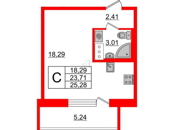 Студия 25.28 м²
