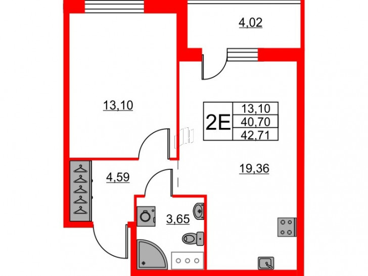 Однокомнатная квартира 42.71 м²