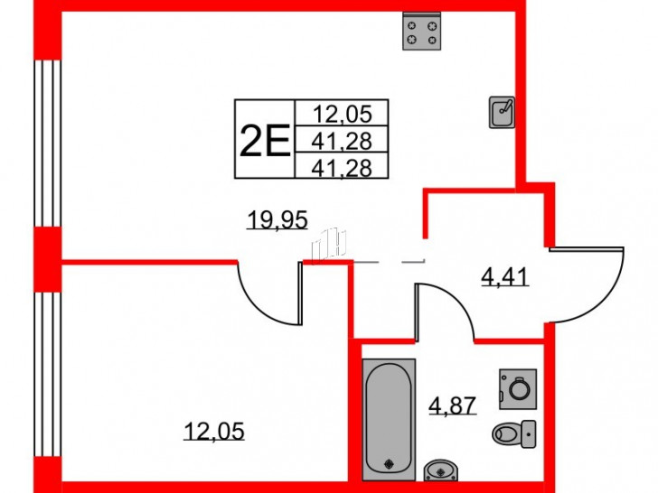 Однокомнатная квартира 41.28 м²