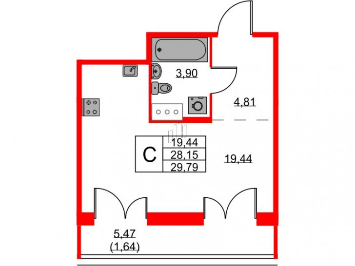 Студия 29.79 м²