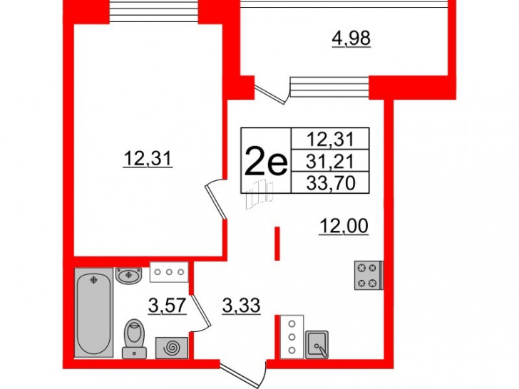 Однокомнатная квартира 33.7 м²