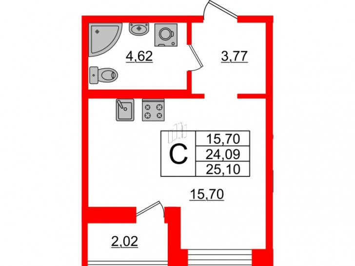 Студия 25.1 м²
