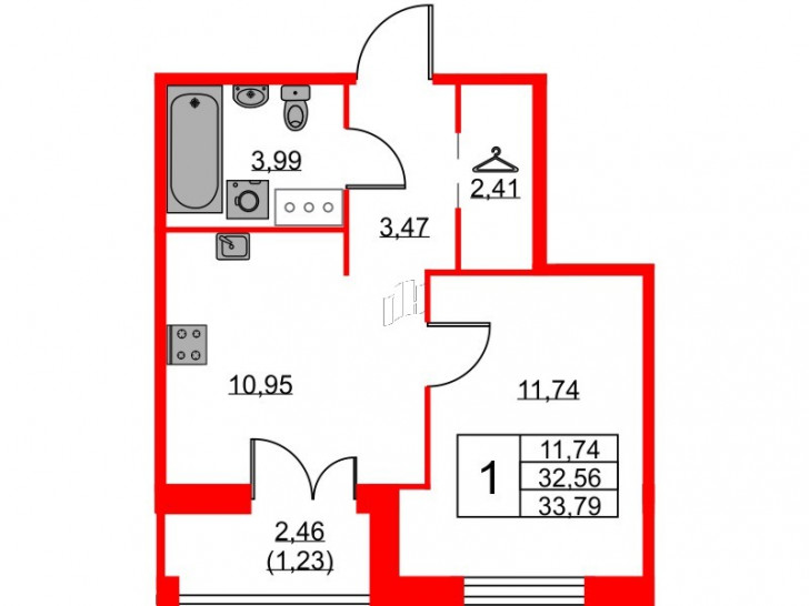 Однокомнатная квартира 33.79 м²