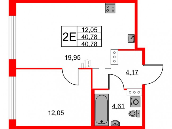 Однокомнатная квартира 40.78 м²