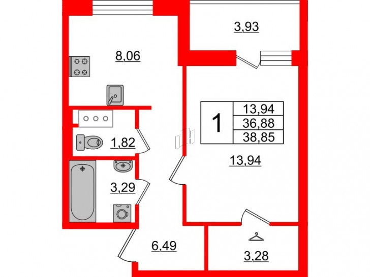 Однокомнатная квартира 38.85 м²