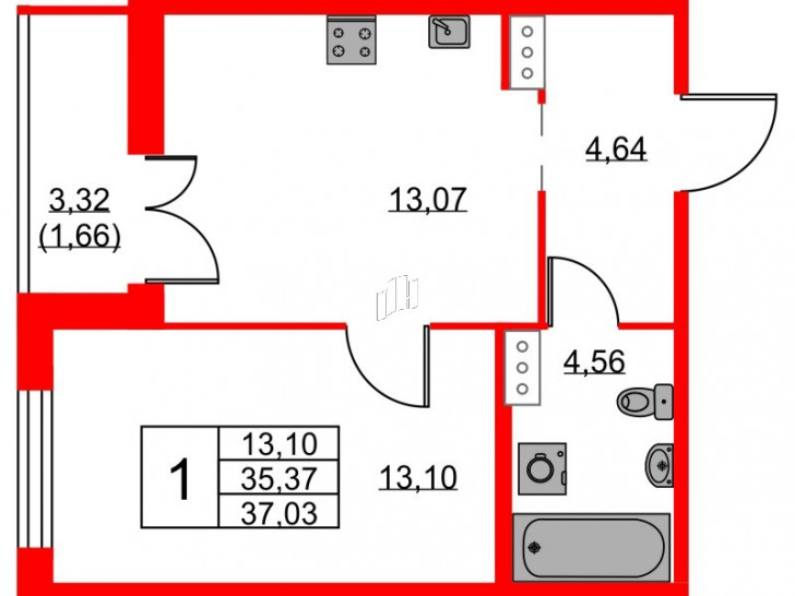 Однокомнатная квартира 37.03 м²