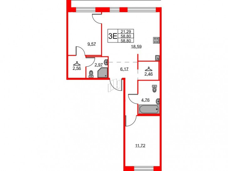 Двухкомнатная квартира 58.8 м²