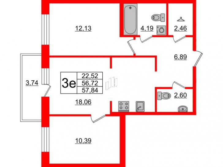 Двухкомнатная квартира 57.84 м²