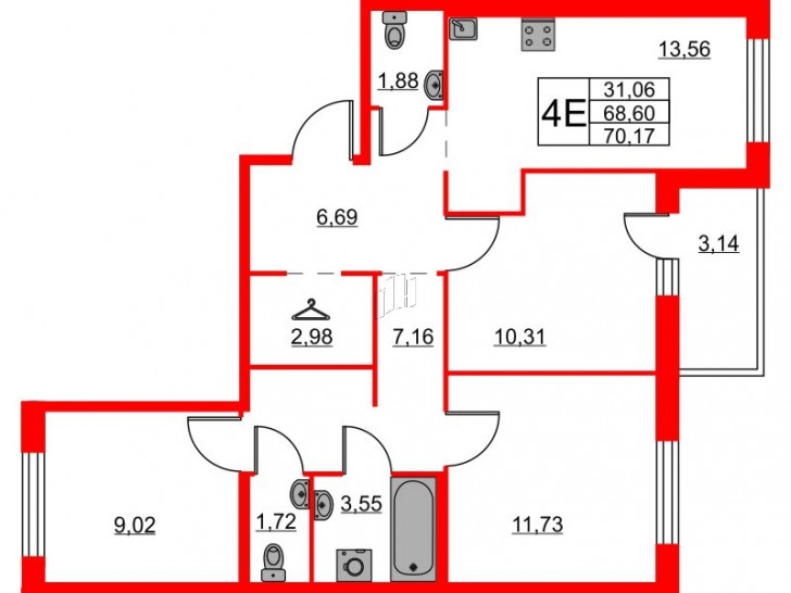Трёхкомнатная квартира 70.17 м²