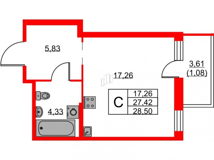Студия 28.5 м²