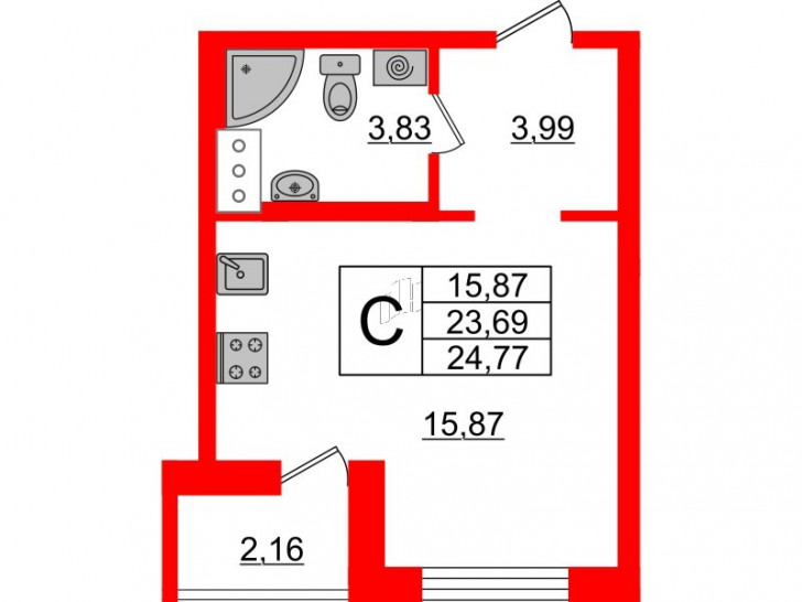Студия 24.77 м²
