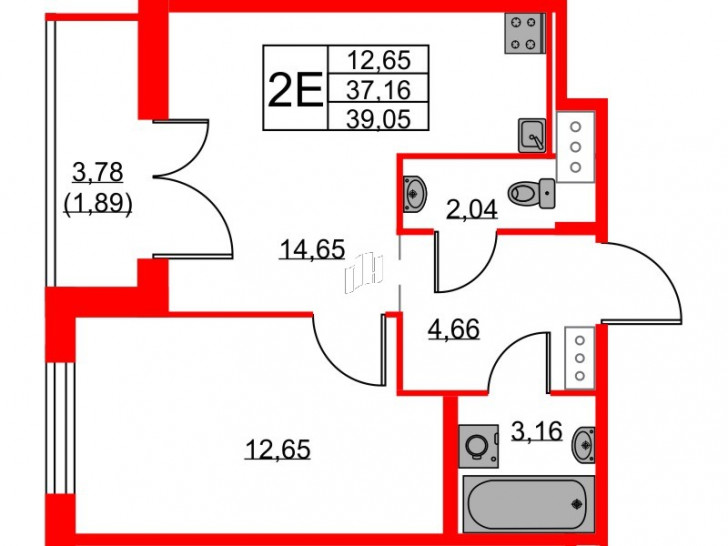 Однокомнатная квартира 39.05 м²