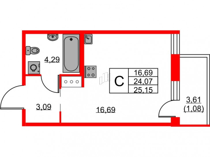 Студия 25.15 м²