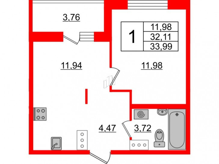 Однокомнатная квартира 33.99 м²