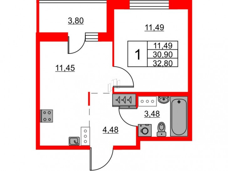 Однокомнатная квартира 32.8 м²