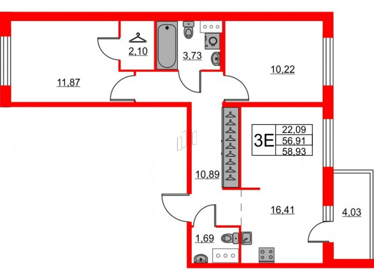 Двухкомнатная квартира 58.93 м²