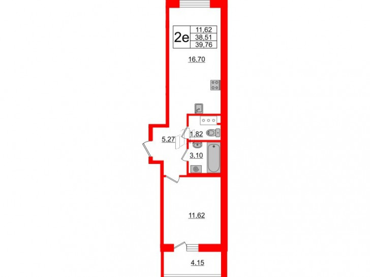 Однокомнатная квартира 39.76 м²