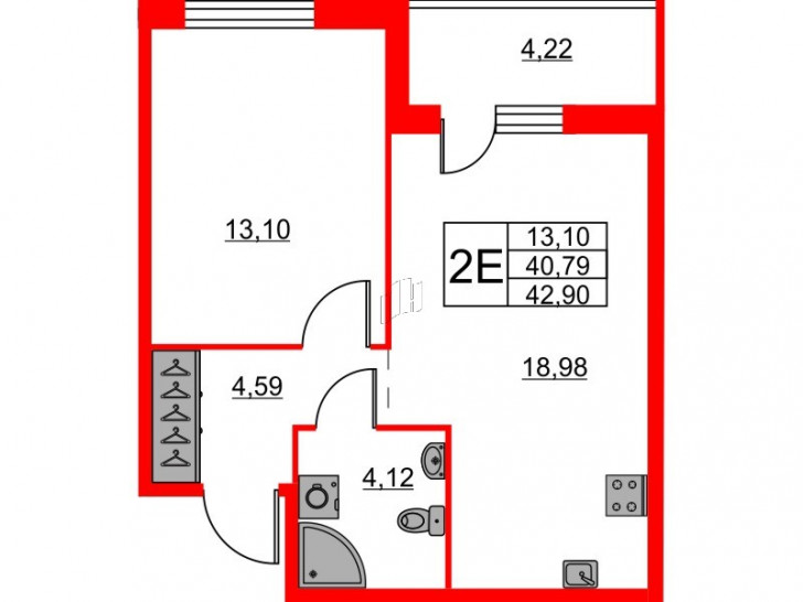Однокомнатная квартира 42.9 м²