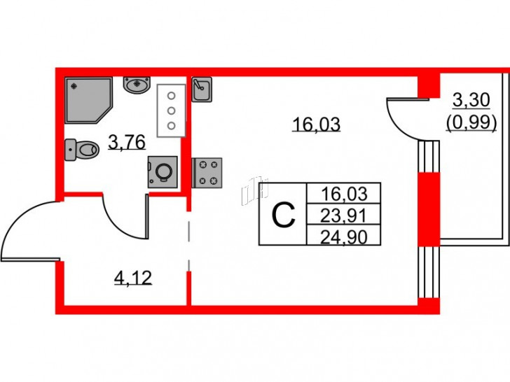 Студия 24.9 м²