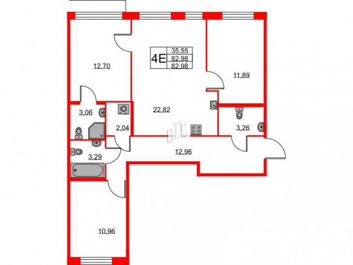 Трёхкомнатная квартира 82.98 м²