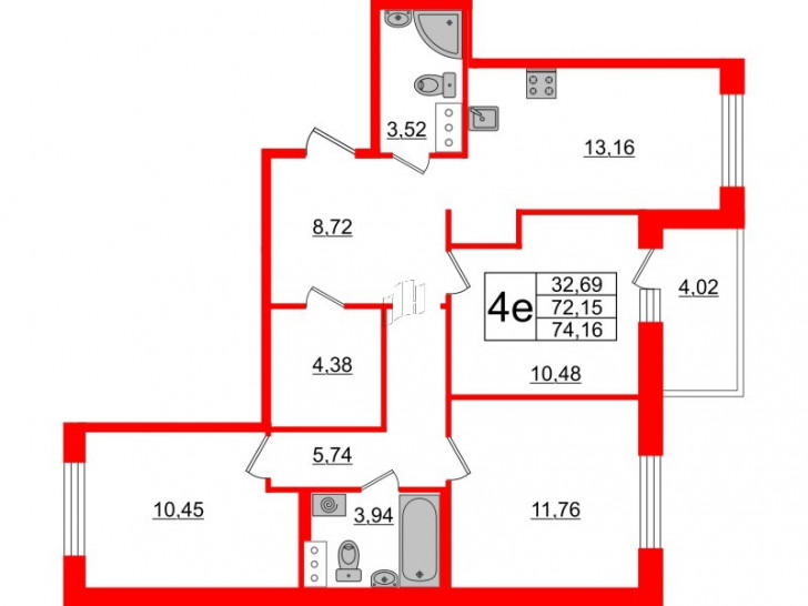 Трёхкомнатная квартира 74.16 м²
