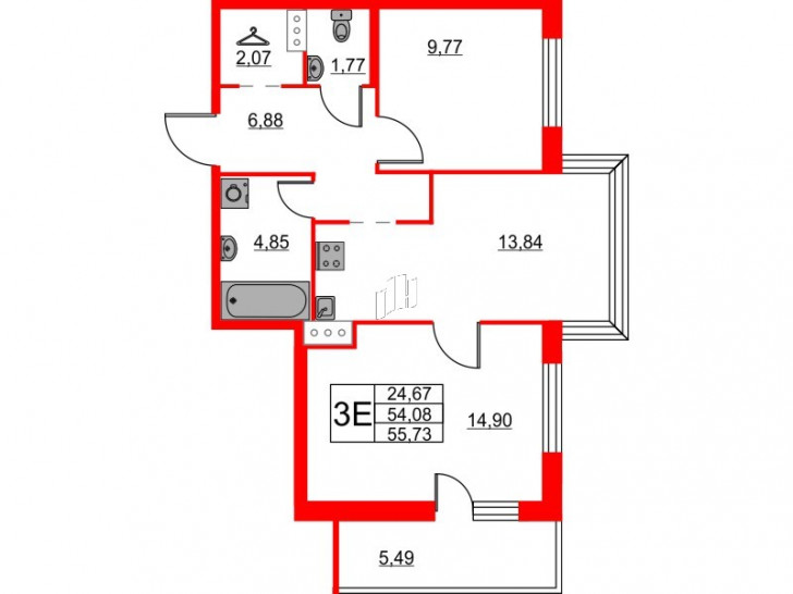 Двухкомнатная квартира 55.73 м²
